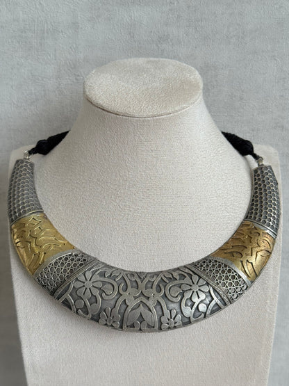 Ayura Designs Raahil Necklace Set with Earrings – Dual Tone Oxidised Statement Necklace with Floral Engraving & Cutwork Detailing