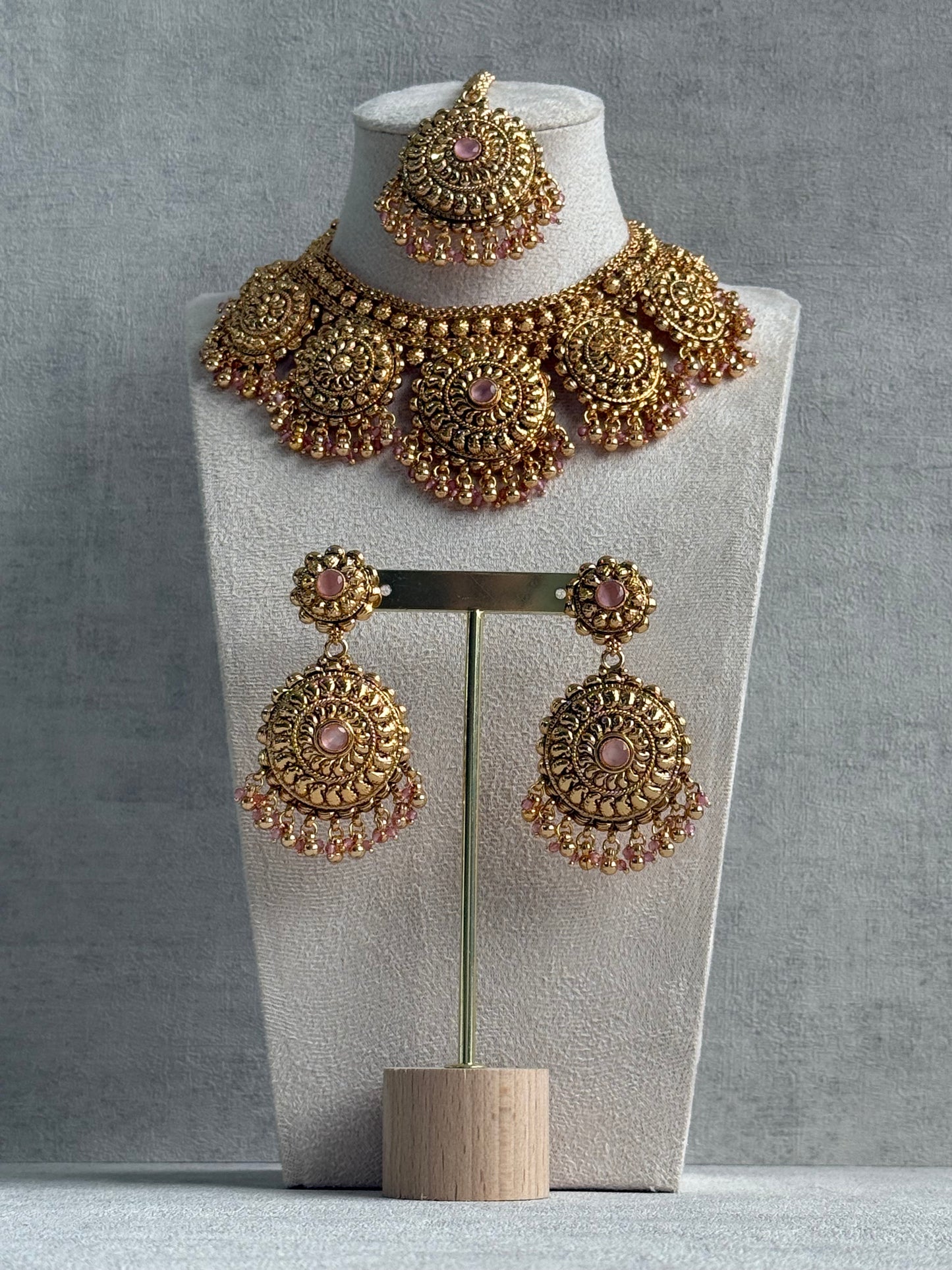 Ayura Designs Rummy Set – Statement Necklace, Earrings & Tikka with Blush Pink Beads and Polished Gold Finish