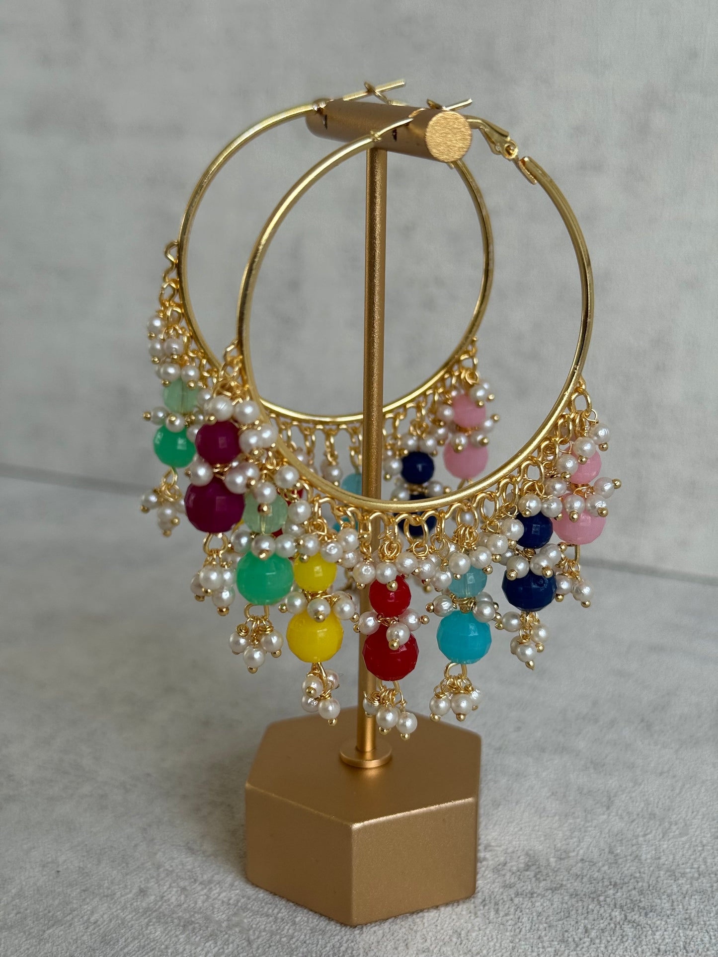 Ayura Designs Bijli Balis – Multicolour Beads, Pearl Clusters, Gold-Tone Hoop Earrings