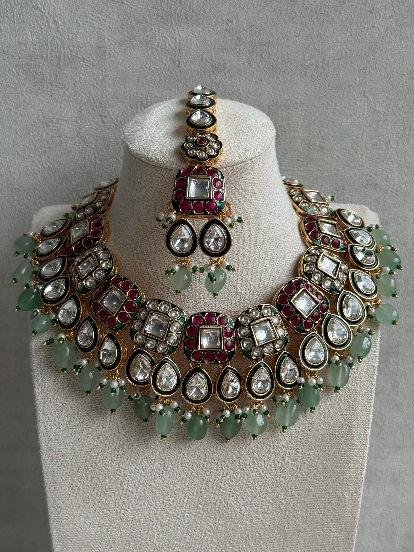Ayura Designs Salma Set – Necklace, Earrings & Tikka with Mirror-Cut Kundan, Pink & Mint Beads, Emerald Green Meenakari & Gold Finish