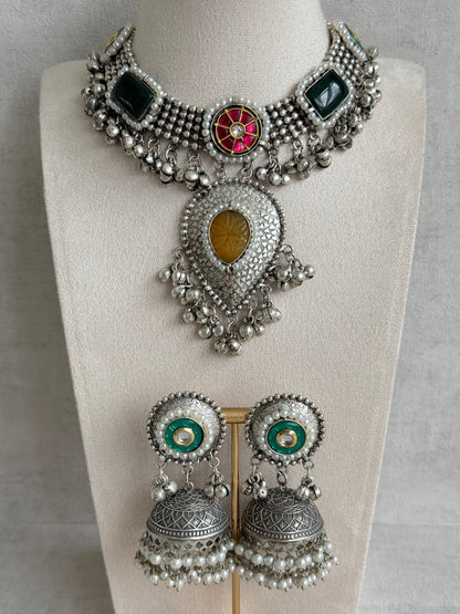 Ayura Designs Izel Necklace Set with Jhumkis – Oxidised Silver Statement Necklace with Multicolour Stones & Ghungroo Detailing