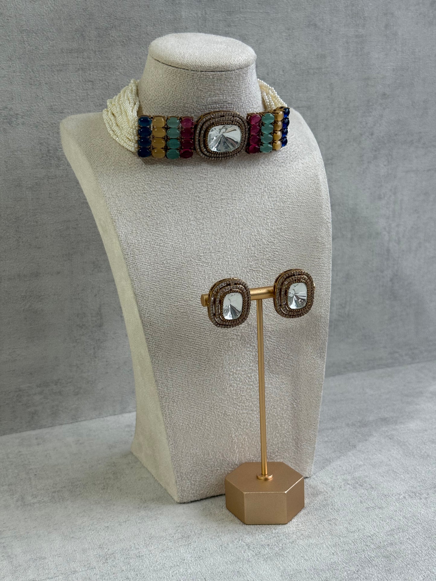 Ayura Designs Emma Choker Set – Multicolour Gemstone Choker & Studs with Mirror-Cut Centrepiece, Pearl Strands & Crystal Borders