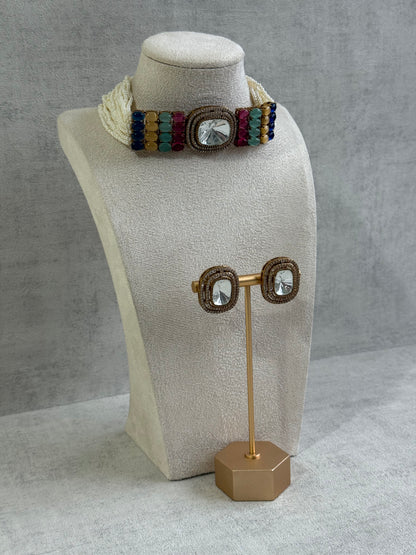 Ayura Designs Emma Choker Set – Multicolour Gemstone Choker & Studs with Mirror-Cut Centrepiece, Pearl Strands & Crystal Borders