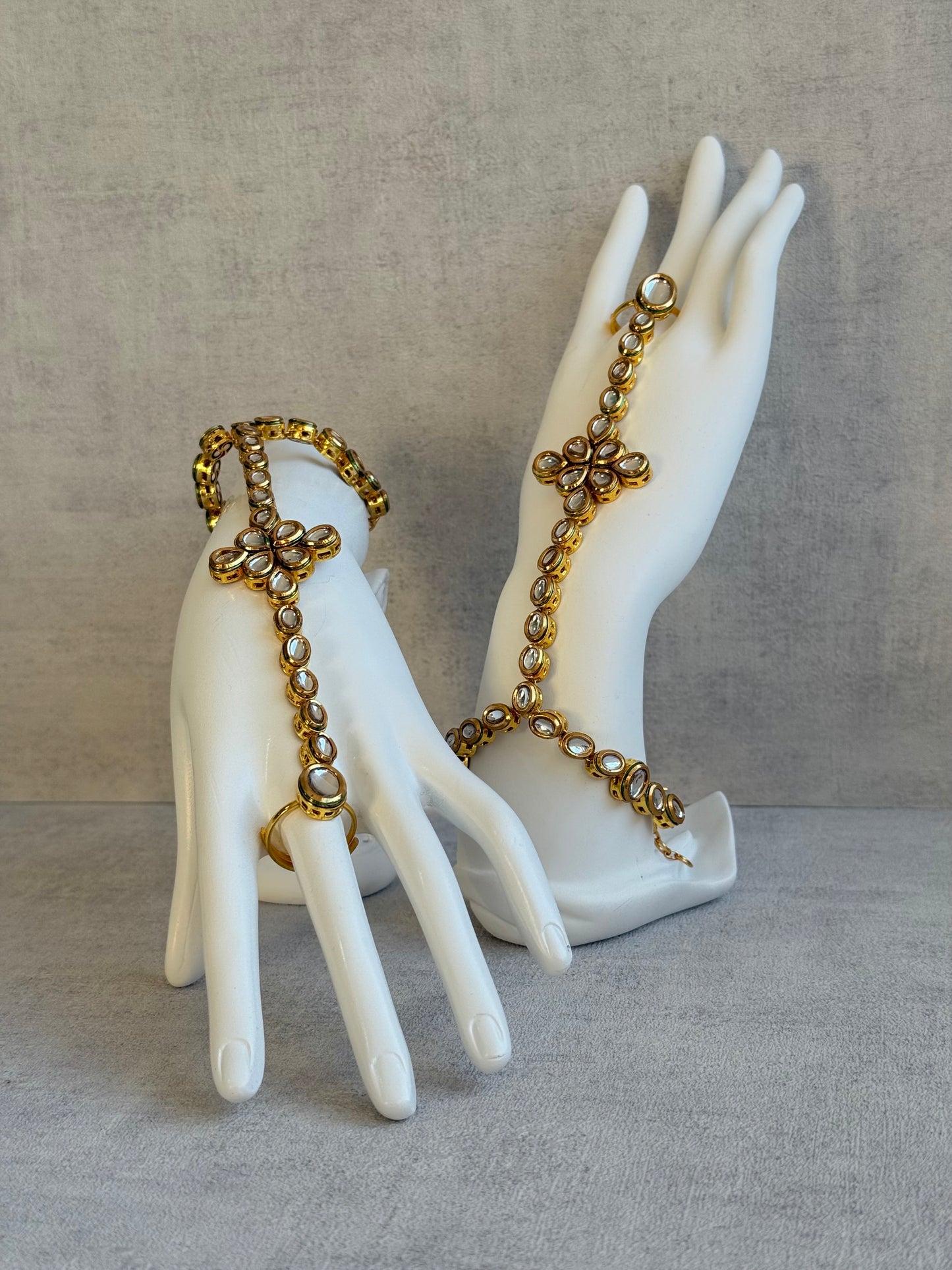 Ayura Designs Raina Haathphool – Kundan Hand Ornament with Floral Motif & Enamel Detailing