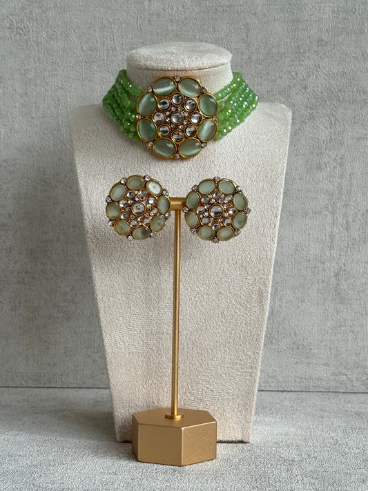 Ayura Designs Yasmin Kundan Choker Set with Studs – Leaf Green Beads & Mirror-Cut Stones