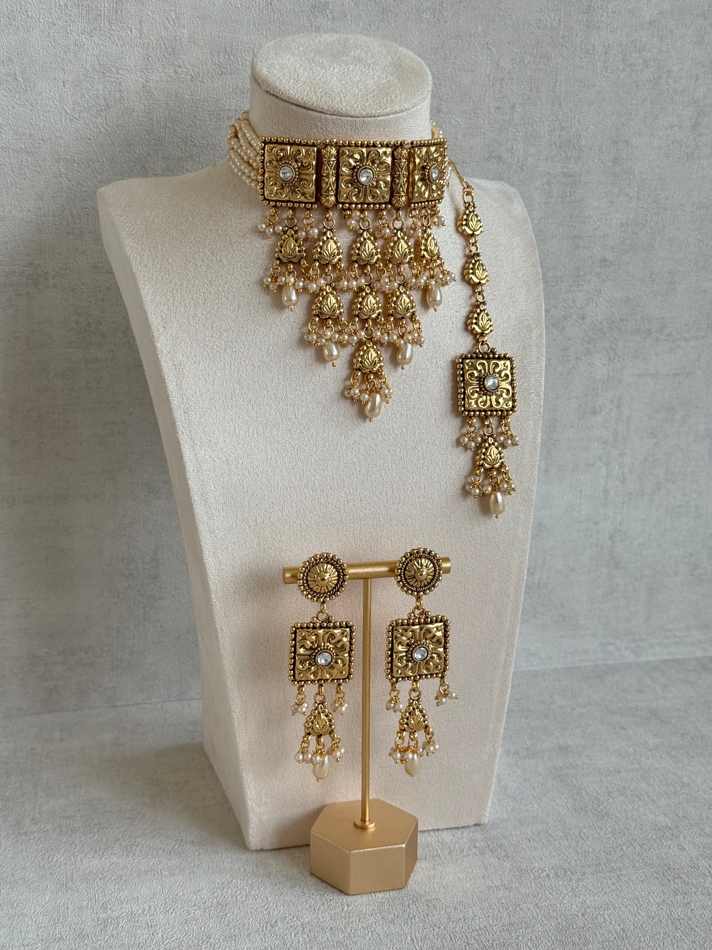 Ayura Designs Nimrah Choker Set with Earrings & Tikka – Ivory Pearl Gold Tone Waterfall Jewellery Set