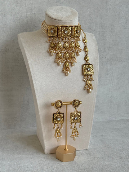 Ayura Designs Nimrah Choker Set with Earrings & Tikka – Ivory Pearl Gold Tone Waterfall Jewellery Set