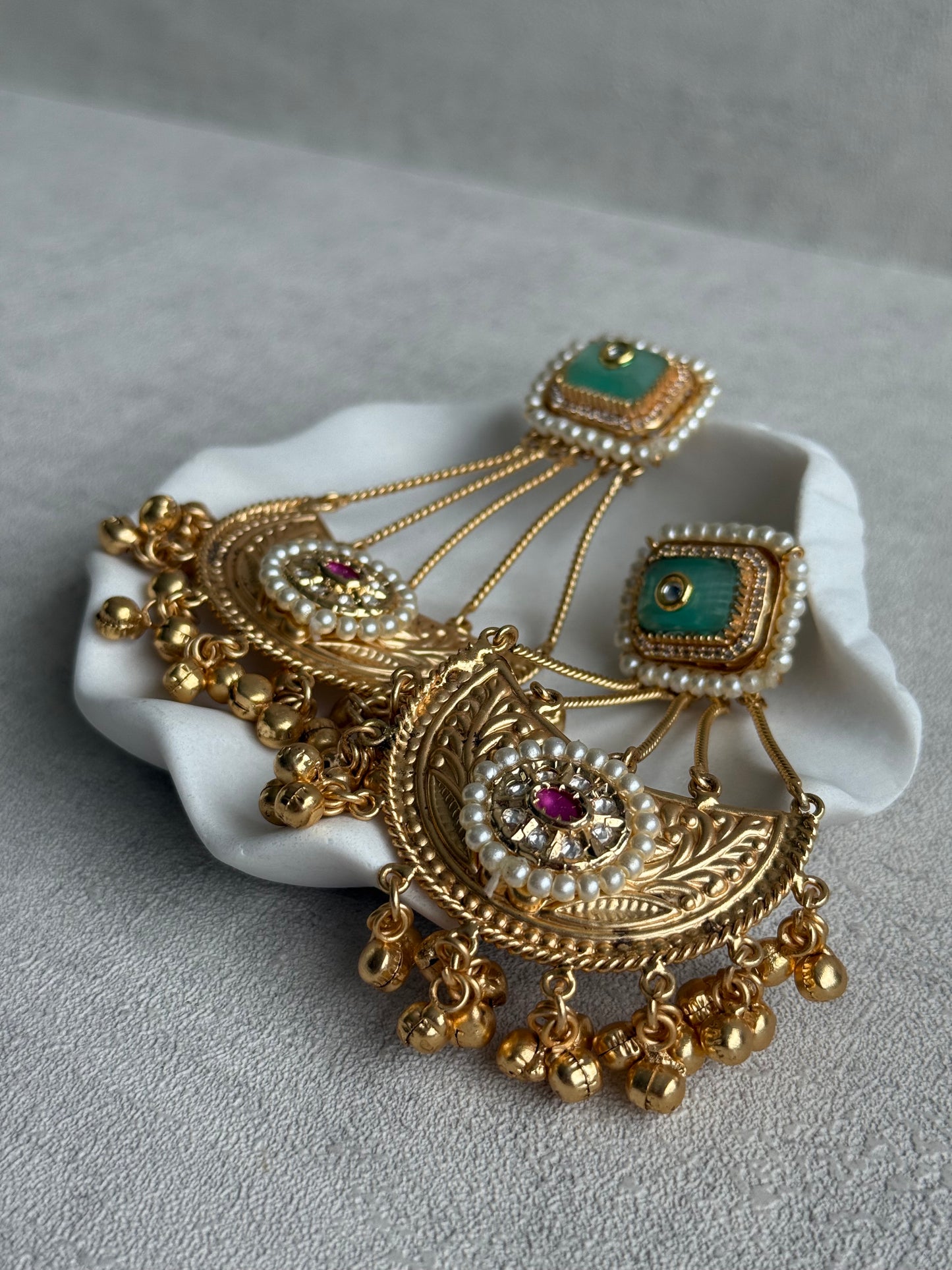 Ayura Designs Jheel Earrings – Pistachio Half-Moon Drops with Pearl Edging & Golden Ghungroos