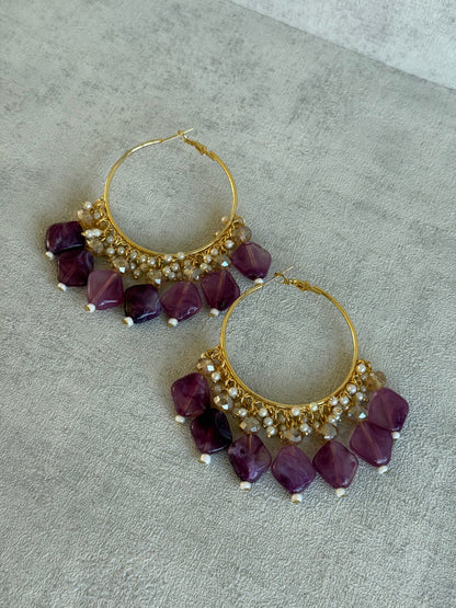 Ayura Designs Heer Balis – Gold Hoops with Amethyst Plum Marble Beads, Pearls & Crystal Detailing