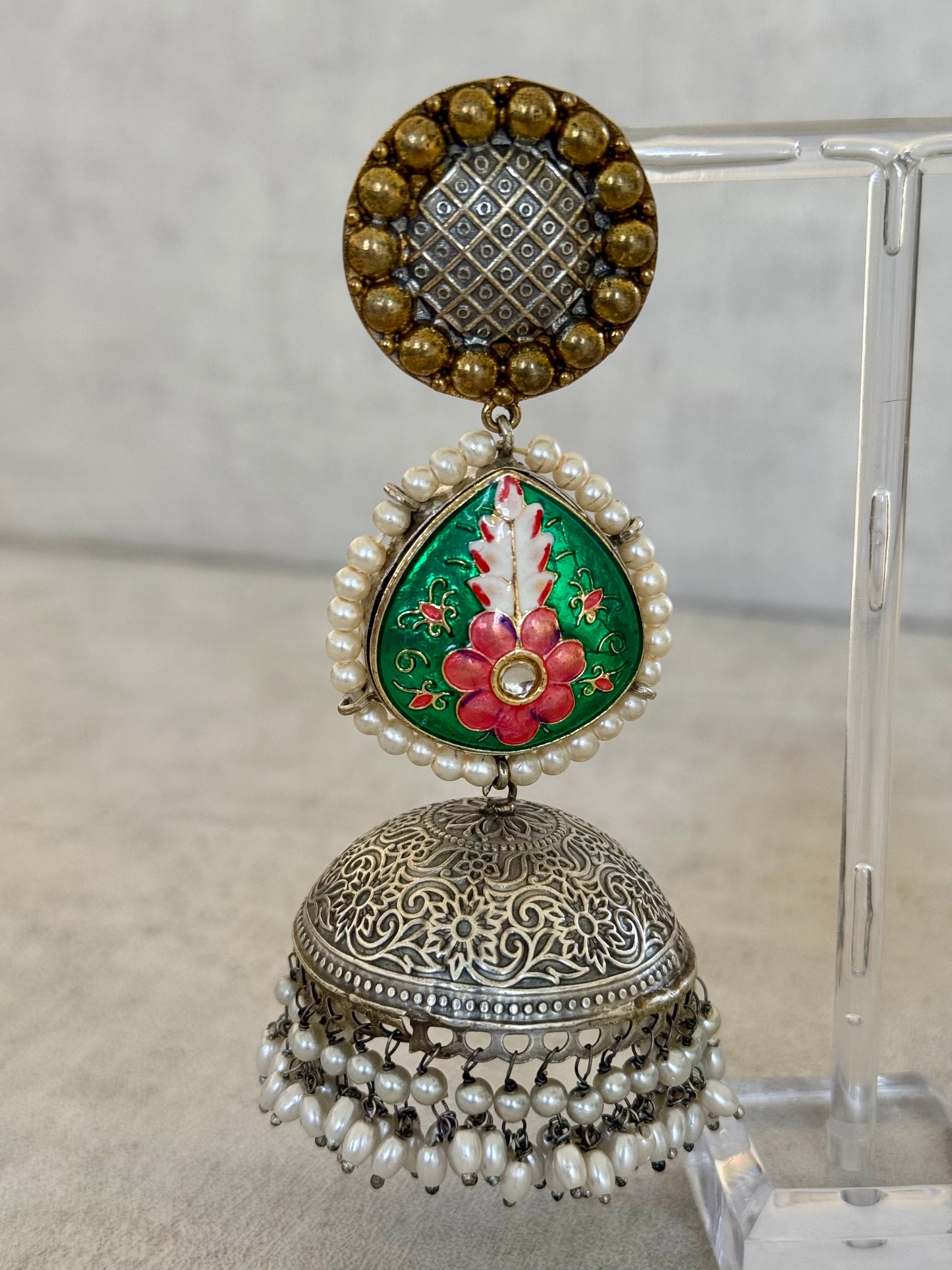 Ayura Designs Mirha Earrings – Handcrafted Meenakari & Pearl Jhumkas with Intricate Silver Filigree Detailing