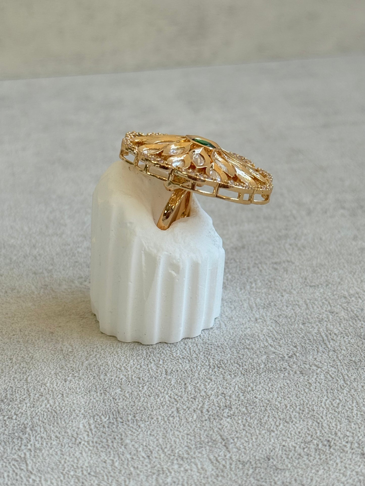 Ayura Designs Elisa Adjustable Ring – Moissanite Floral Ring with Emerald Green Centre & Crystal Border