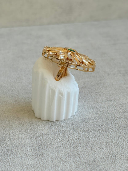 Ayura Designs Elisa Adjustable Ring – Moissanite Floral Ring with Emerald Green Centre & Crystal Border