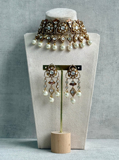 Ayura Designs Serina Choker Set with Earrings – Nude Blush Enamel, Mirror-Cut Stones & Pearl Drops