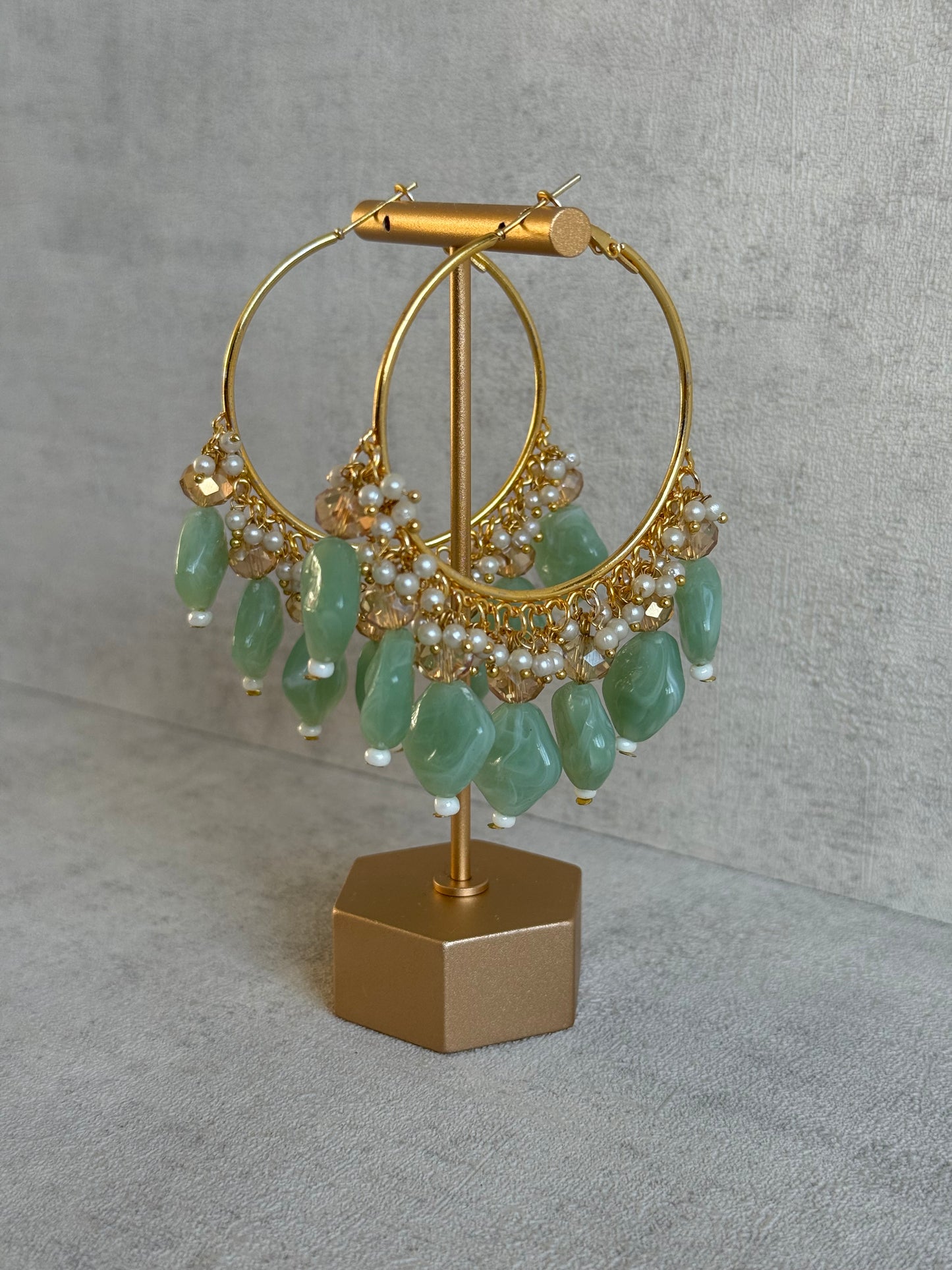 Ayura Designs Heer Balis – Gold Hoops with Mint Marble Beads, Pearls & Crystal Detailing