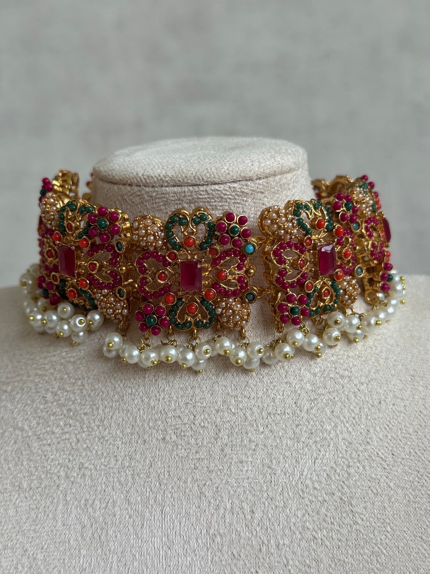 Ayura Designs Mahnoor Navratan Choker Set with Earrings & Tikka – Antique Gold Finish, Multicolour Enamel & Pearl Detailing