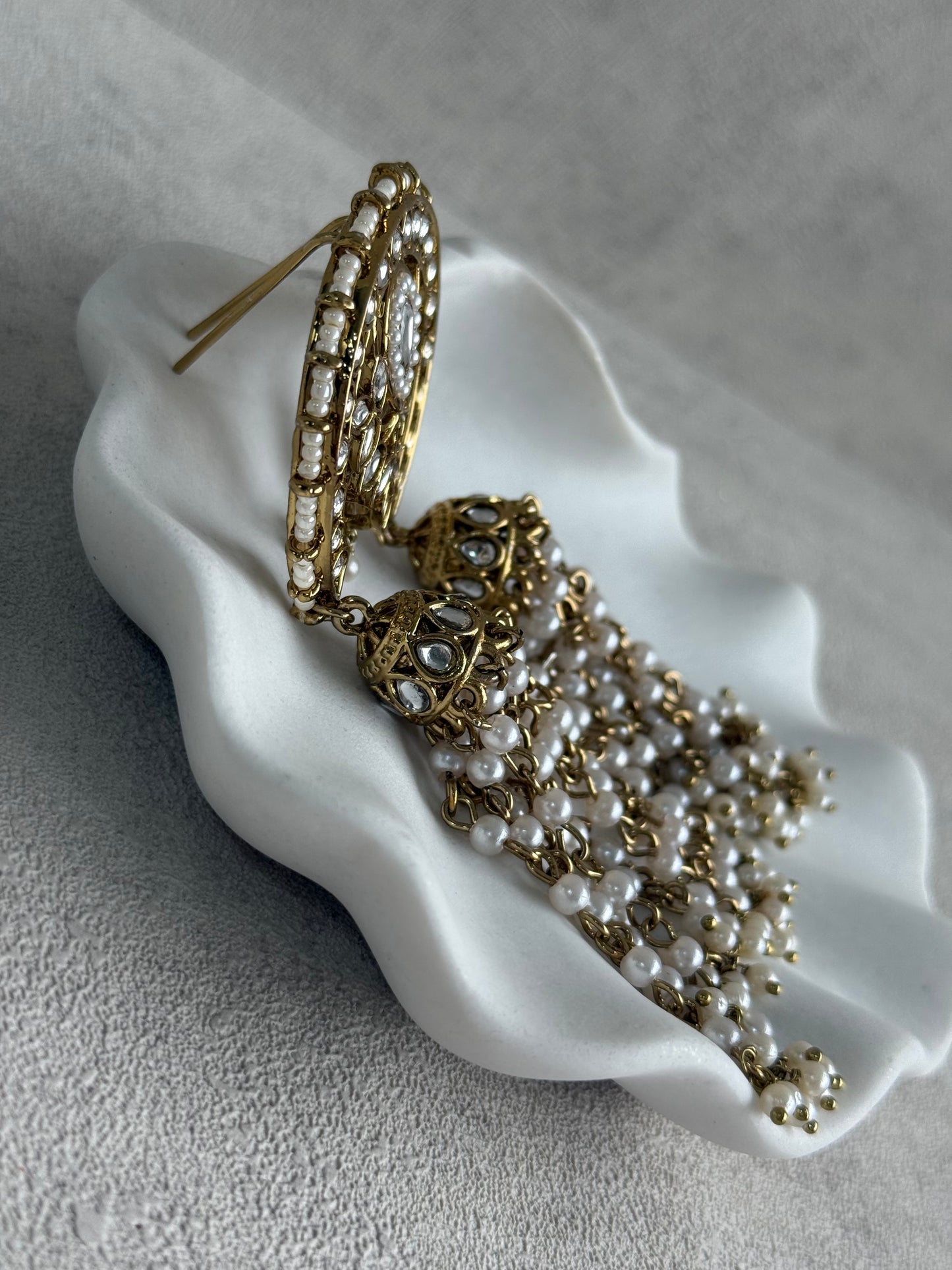 Ayura Designs Kamya Hair Brooch – Crescent Polki Design with Pearl Tassels & Antique Gold Finish
