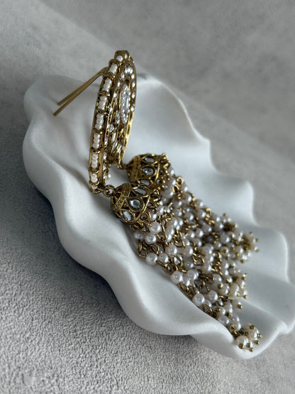 Ayura Designs Kamya Hair Brooch – Crescent Polki Design with Pearl Tassels & Antique Gold Finish