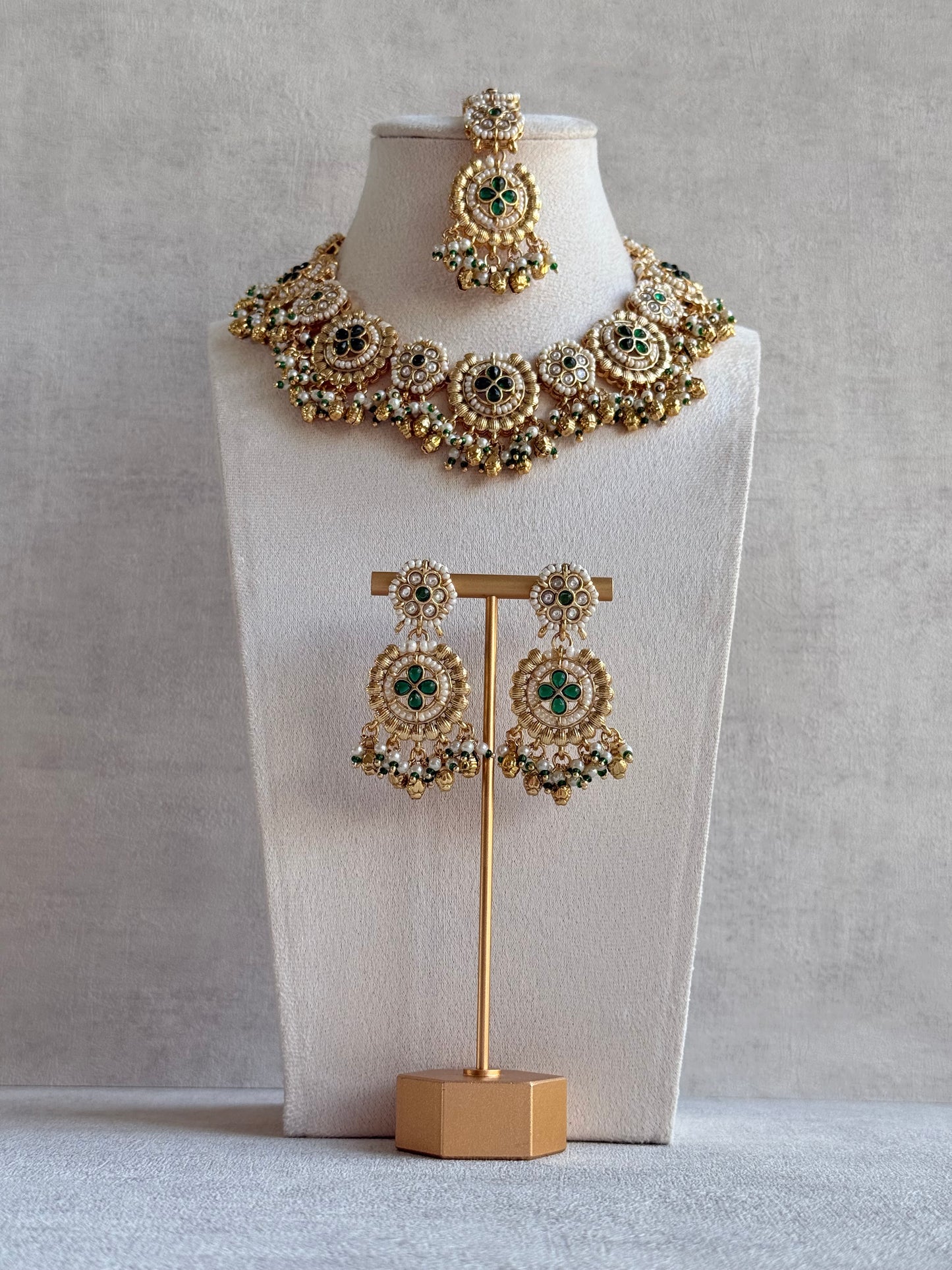 Ayura Designs Manika Necklace Set with Earrings & Tikka – Gold Finish with Emerald Green Stones, Pearls & Ghungroos