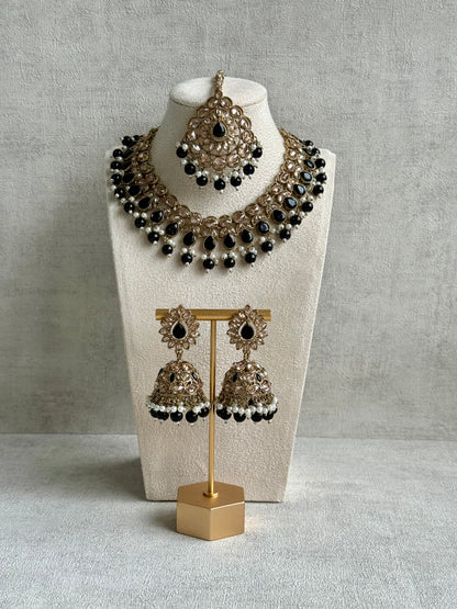 Ayura Designs Emaan Set with Jhumkis & Tikka – Black Beads, Mirror-Cut Stones & Antique Gold Finish