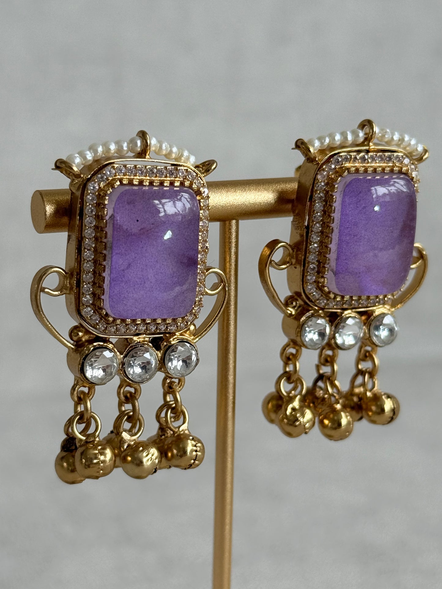 Ayura Designs Aleena Earrings – Lilac Stone Stud Earrings with Pearls & Ghungroo Detailing
