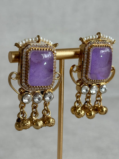 Ayura Designs Aleena Earrings – Lilac Stone Stud Earrings with Pearls & Ghungroo Detailing