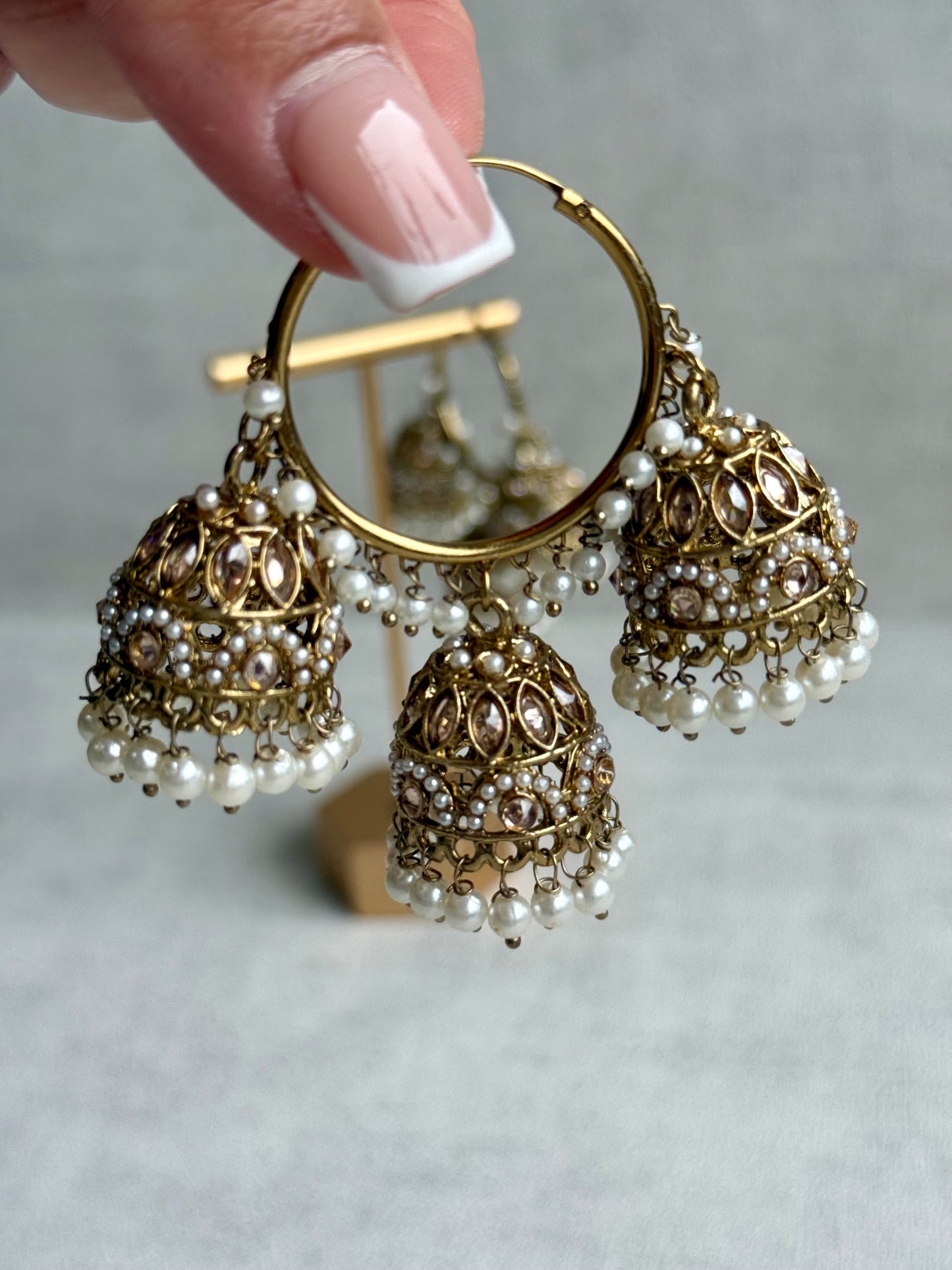 Ayura Designs Nakhra Balis – Ivory Triple Dome Earrings with Pearl Clusters & Mirror-Cut Detailing