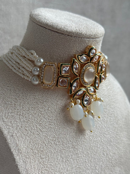 Ayura Designs Raaz Set – Choker & Earrings with Kundan Stones, Green Enamel Detailing & White Beads