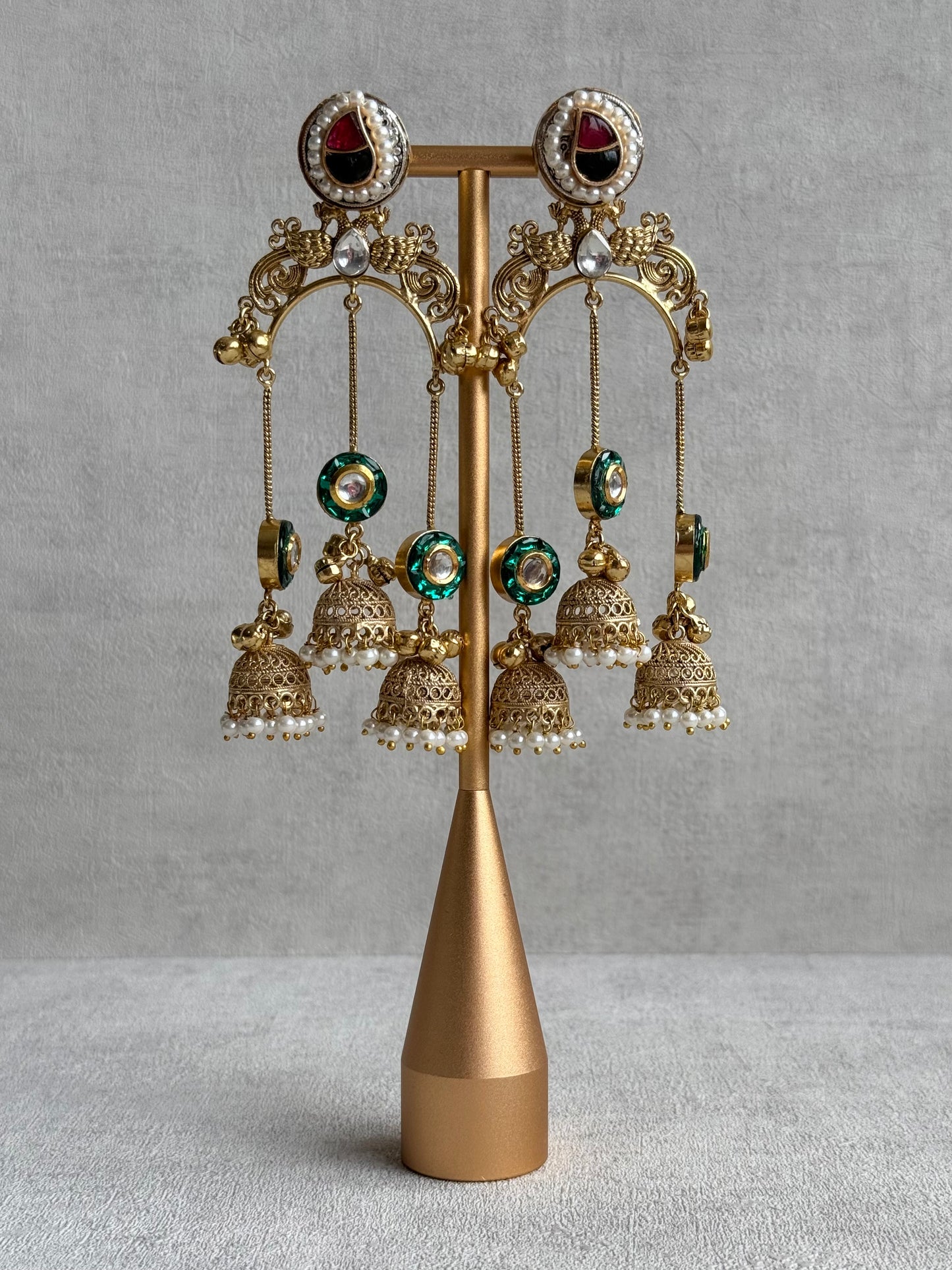 Ayura Designs Arzina Earrings – Triple Jhumki Earrings with Emerald Green Stones, Pearl Borders & Gold Detailing