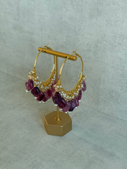 Ayura Designs Heer Balis – Gold Hoops with Amethyst Plum Marble Beads, Pearls & Crystal Detailing
