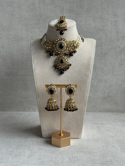 Ayura Designs Muskaan Set – Choker, Jhumkis & Tikka with Black Beads, Kundan Stones & Antique Gold Finish