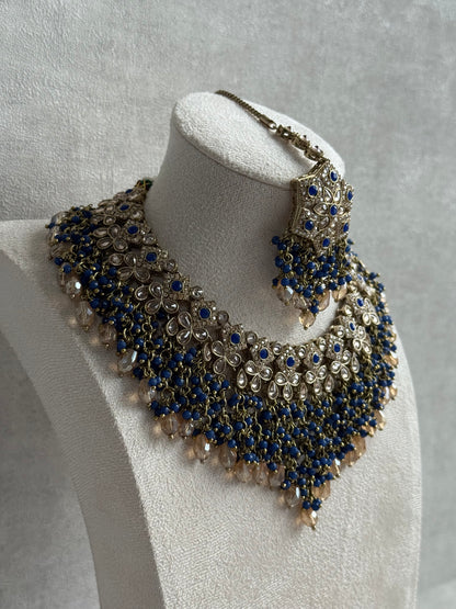Ayura Designs Rayna Set with Necklace & Tikka – Champagne Crystals, Ink Blue Beads & Antique Gold Finish