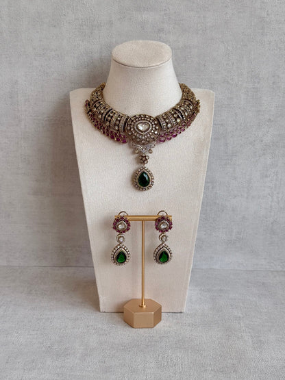 Ayura Designs Ahana Necklace Set with Earrings – Emerald Green Teardrop Stones, Ruby Pink Accents & Moissanite Detailing
