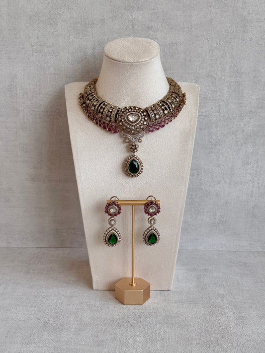 Ayura Designs Ahana Necklace Set with Earrings – Emerald Green Teardrop Stones, Ruby Pink Accents & Moissanite Detailing