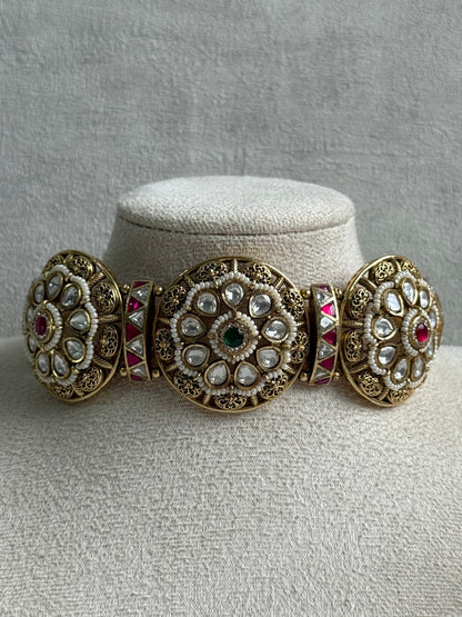 Ayura Designs Tanu Choker Set – Antique Gold Choker & Jhumkis with Ruby & Emerald Kundan and Pearl Borders