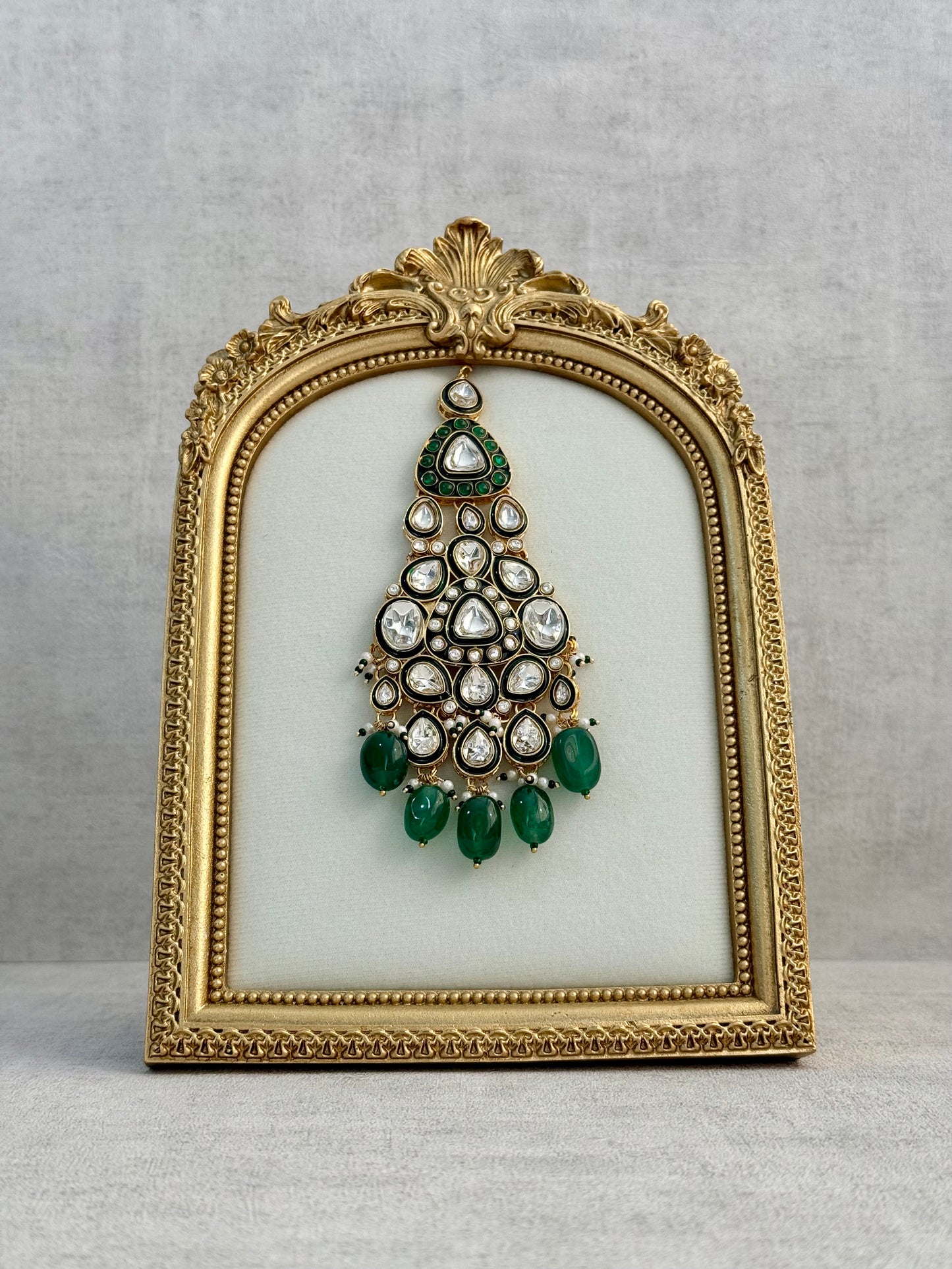 Ayura Designs Salma Jhoomar Passa – Emerald Green Drops with Kundan Stones & Antique Gold Finish