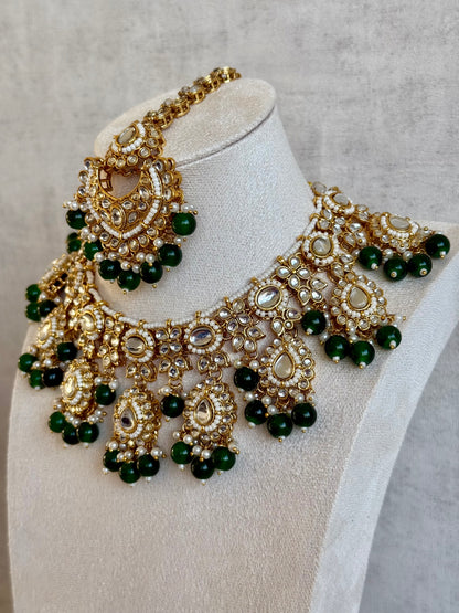 Ayura Designs Iyla Set with Necklace, Earrings & Tikka – Kundan Detailing, Ivory Pearl Drops & Emerald Beads