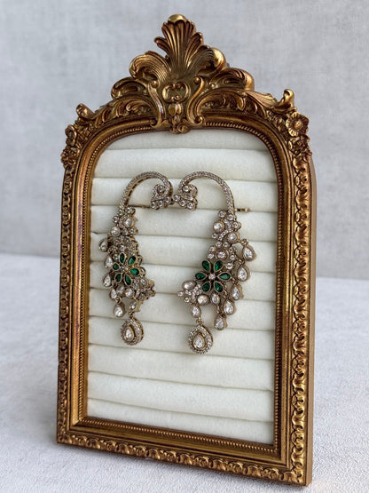 Ayura Designs Aksara Kaanphool Earrings – Emerald Green Stones, Kundan, Crystals & Antique Gold Finish