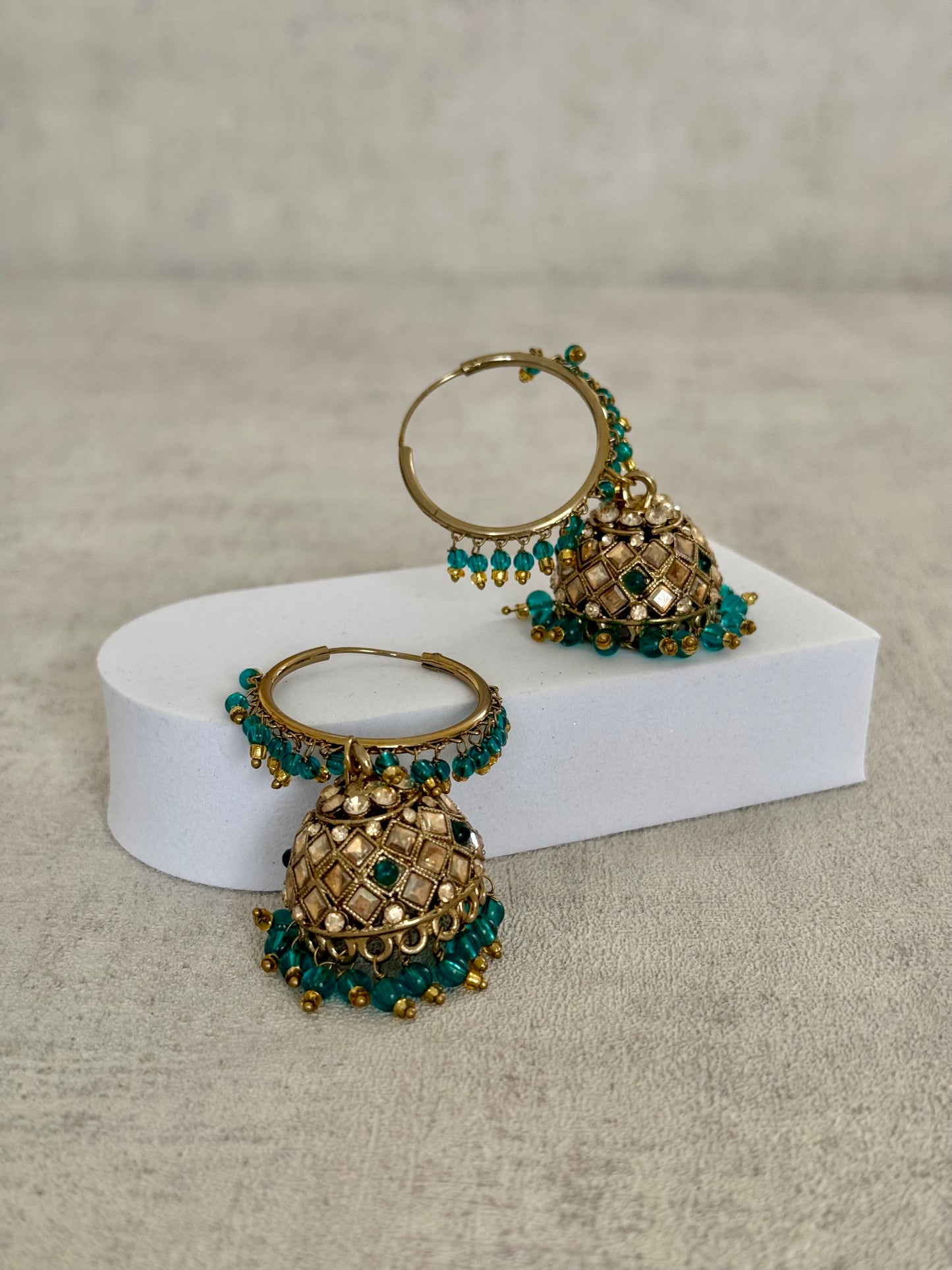 Ayura Designs Jugni Bali Jhumkas – Antique Gold with Teal Green Beads