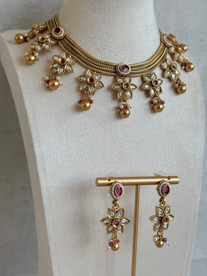 Ayura Designs Daksha Necklace Set with Earrings – Gold Layered Chain Necklace with Ruby Pink Kundan Floral Motifs