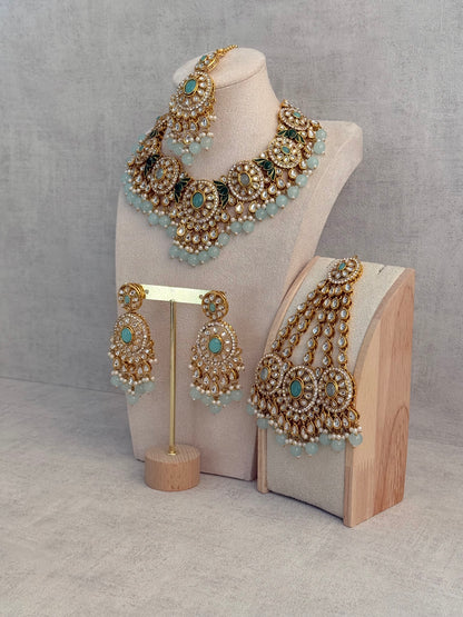 Ayura Designs Zara Set with Necklace, Earrings, Tikka & Passa – Antique Gold with Kundan Detailing & Aqua Blue Beads