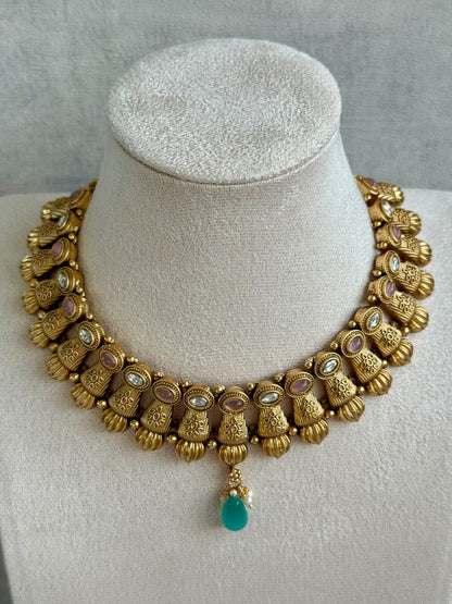 Ayura Designs Aima Necklace Set with Earrings – Antique Gold with Blush Pink & Aqua Green Stones