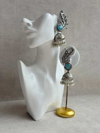Ayura Designs Manzil Earrings – Oxidised Silver Ear Cuff Jhumkis with Aqua Stones & Pearl Detailing
