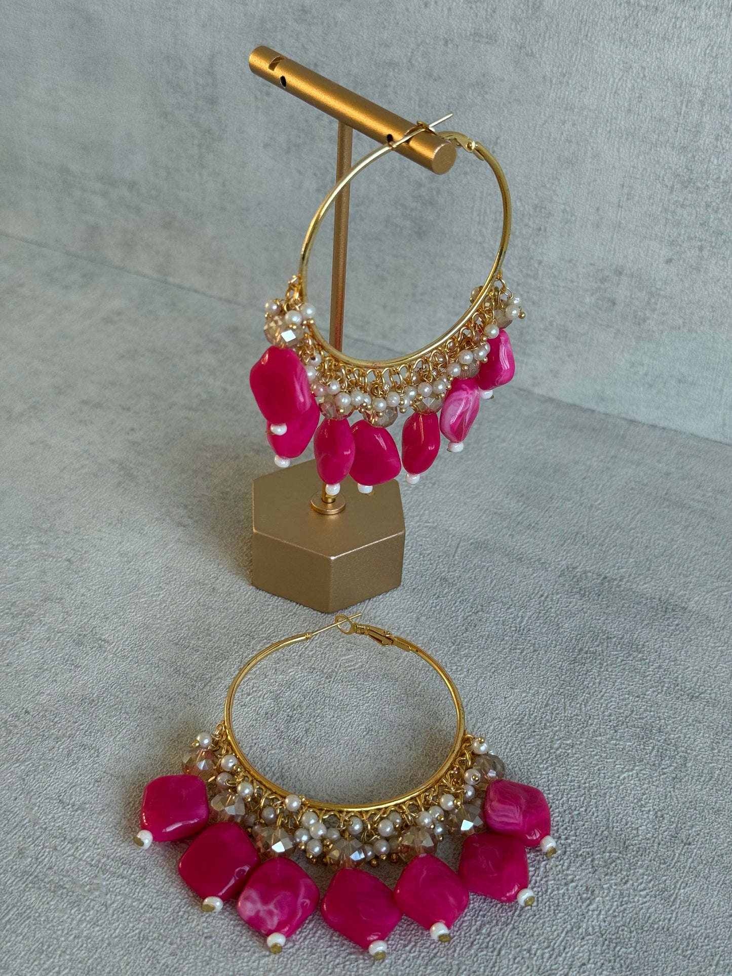 Ayura Designs Heer Balis – Gold Hoops with Hot Pink Marble Beads, Pearls & Crystal Detailing