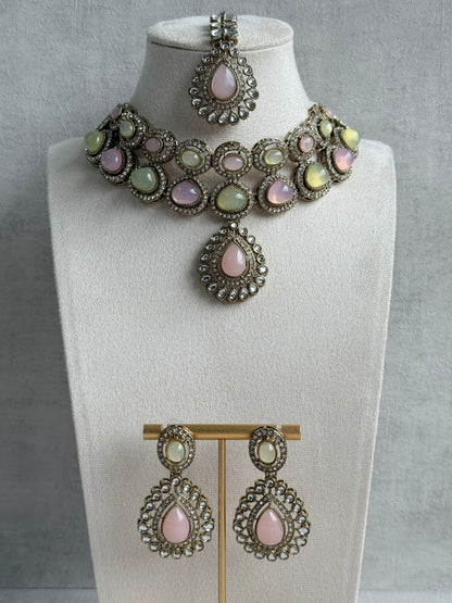 Ayura Designs Tamara Set with Necklace, Earrings & Tikka – Blush Pink & Pistachio Green Stones with Kundan Detailing in Antique Gold Finish