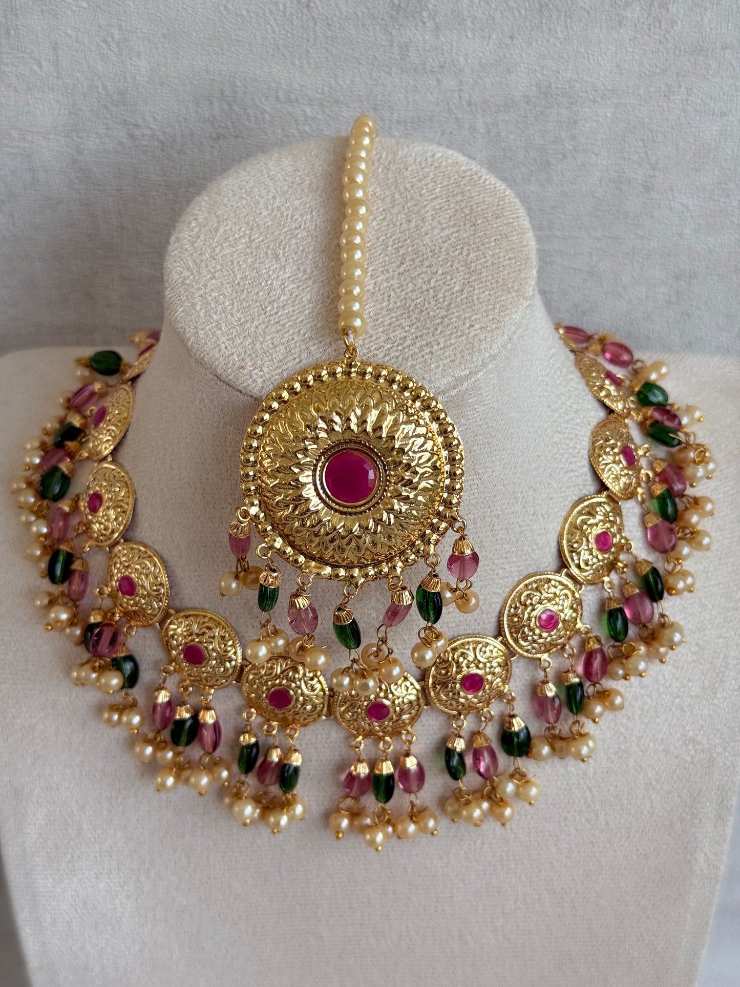 Ayura Designs Jyoti Set with Earrings & Tikka – Gold Disc Necklace with Ruby Pink, Emerald Green & Pearl Detailing