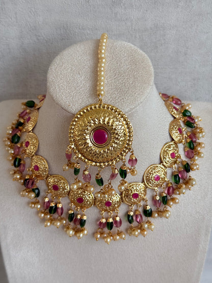 Ayura Designs Jyoti Set with Earrings & Tikka – Gold Disc Necklace with Ruby Pink, Emerald Green & Pearl Detailing
