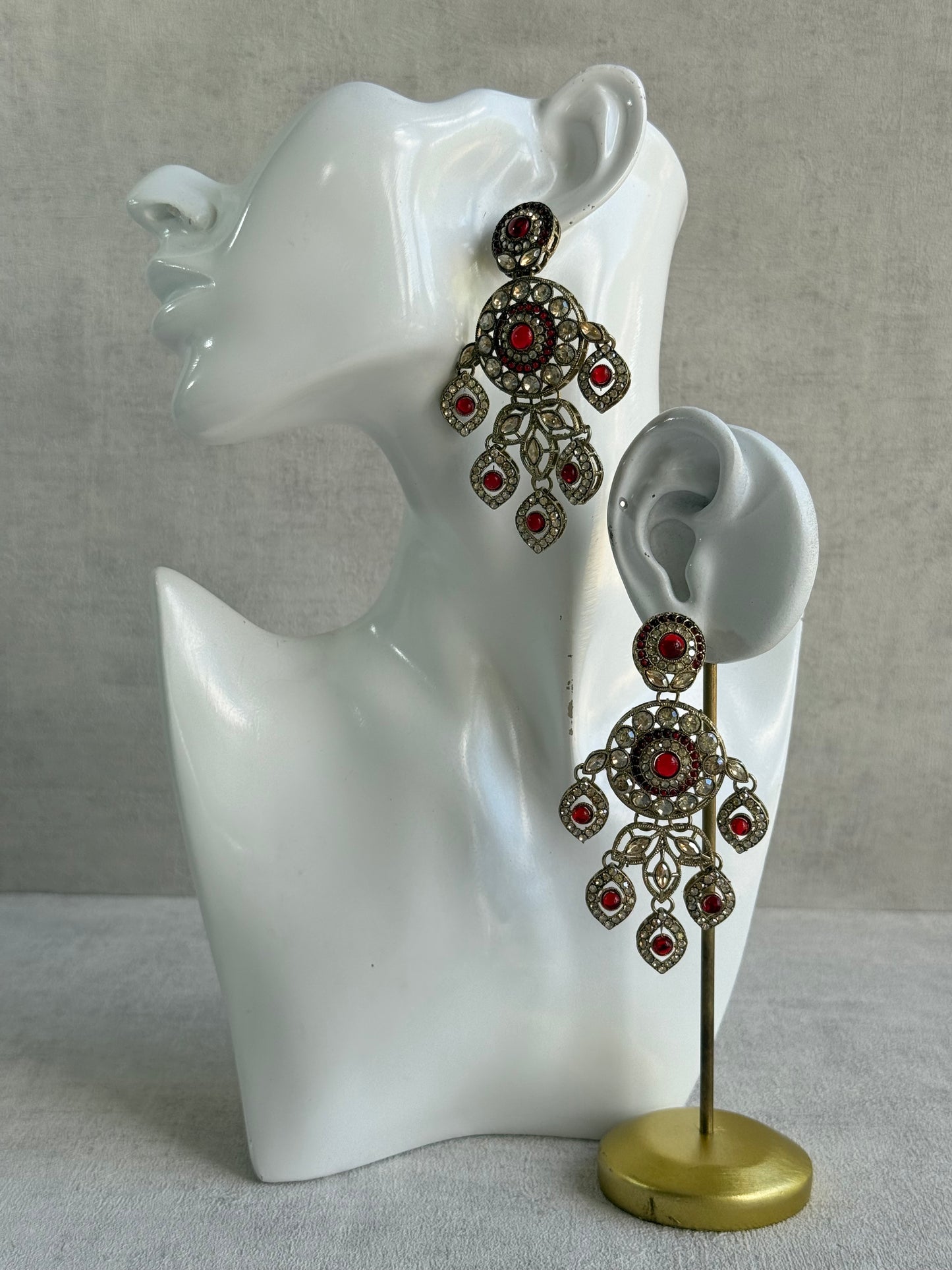 Ayura Designs Vanika Earrings – Ruby Red & Champagne Crystal Gold Finish