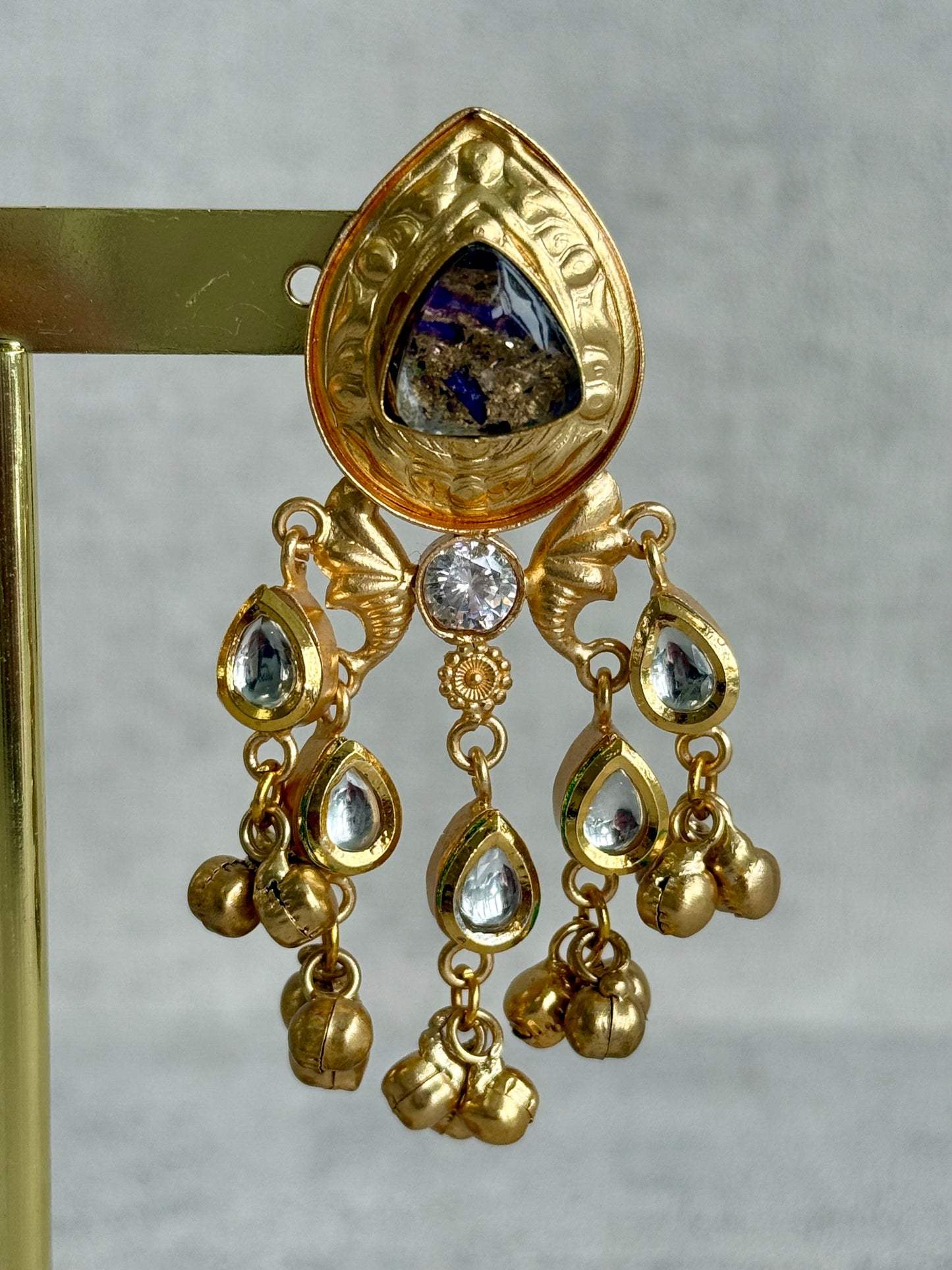 Ayura Designs Arheer Earrings – Violet & Gold Marble with Kundan Detailing & Antique Gold Ghungroos