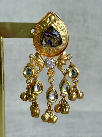 Ayura Designs Arheer Earrings – Violet & Gold Marble with Kundan Detailing & Antique Gold Ghungroos