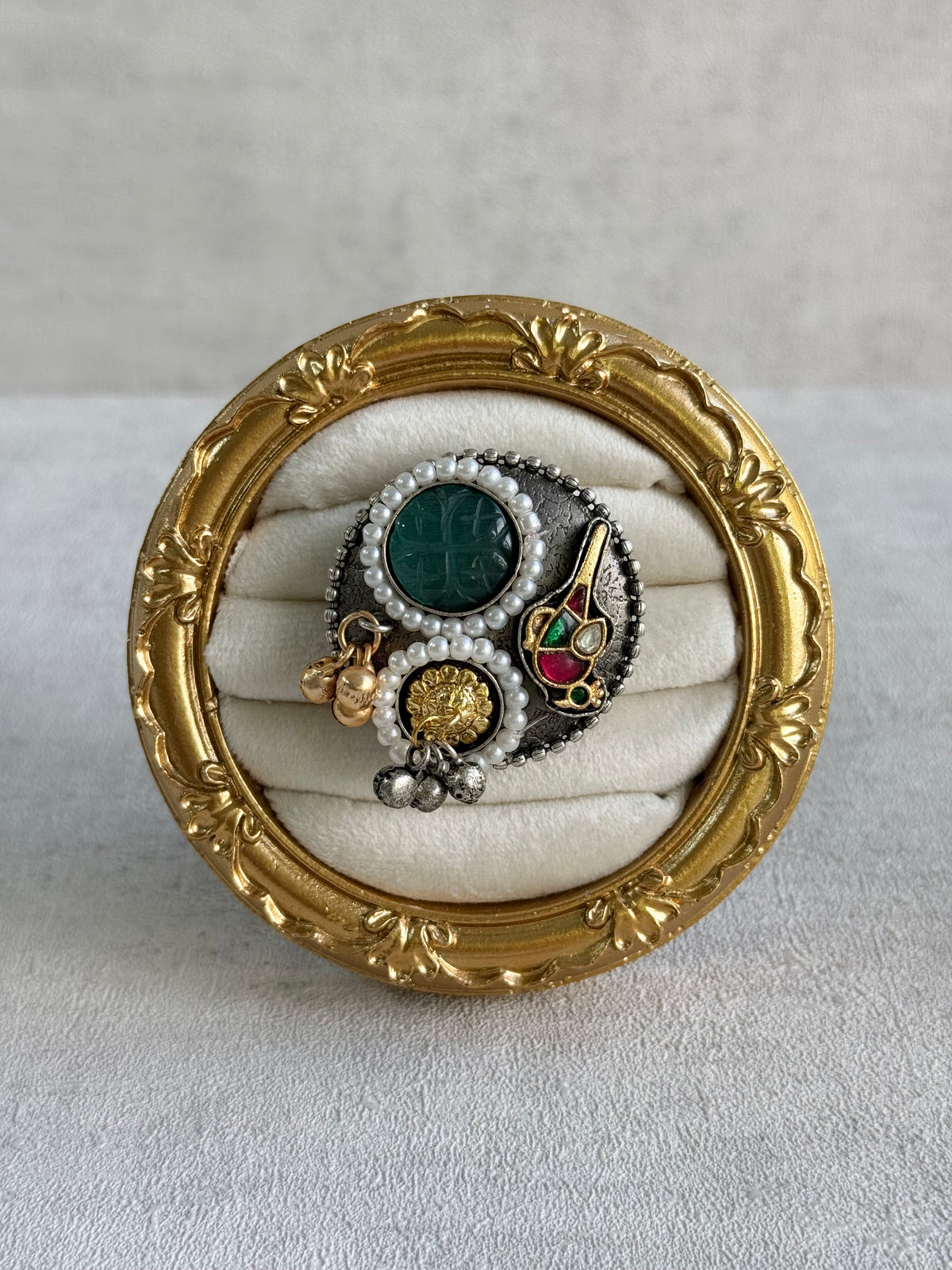 Ayura Designs Mihika Adjustable Ring – Oxidised Statement Ring with Green Stone, Pearl Detailing & Parrot Motif